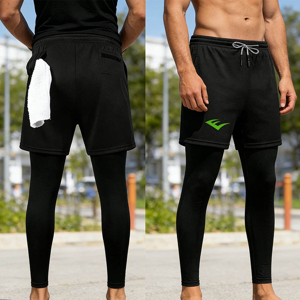 

Men's Dual-Layer Athletic Long Trousers with Towel Loop 2-in-1 Quick Dry Gym Workout Leggings Simple Letter E Graphic Print
