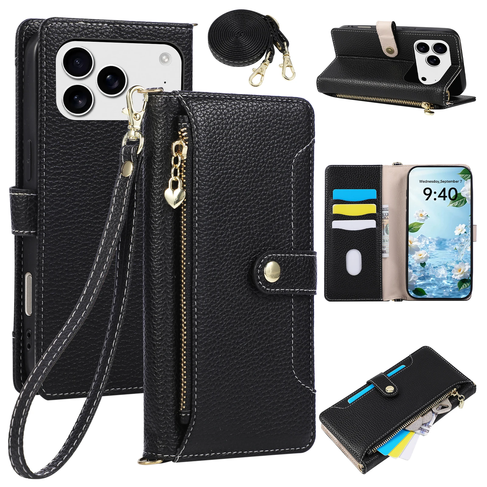 Multi-Function 3 Cards Zipper Pocket Wallet Case for OPPO Reno 11F 11A 11 Pro 10 9 8T 8 7 6Z 5F 5Z 5 Lite Crossbody Book Cover