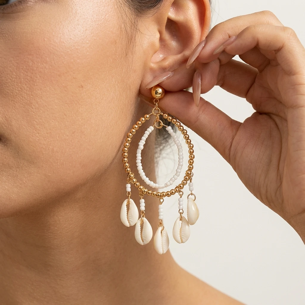 Vacation Style Seed Bead Shell Fringe Earrings Double Hoop Pendant Earrings Summer Beach Accessory Women's Fashion Trend Gift