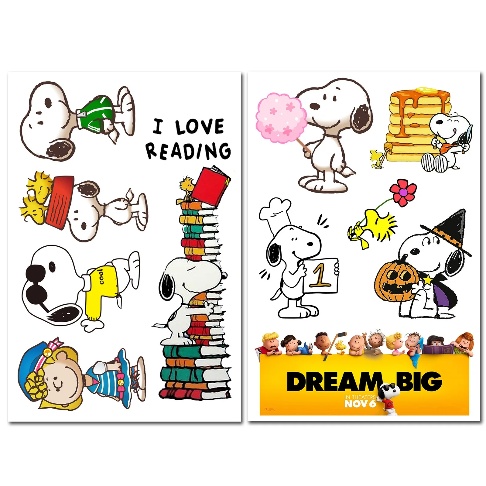 9 hojas de pegatinas de Snoopy Kawaii para monopatín, bicicleta, guitarra, portátil, papelería, teléfono, equipaje de bicicleta, pegatinas de Snoopy de maní para coche