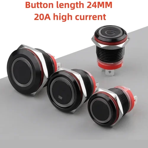 Interruptor de botón de Metal negro oxidado de alta corriente 20A, reinicio de bloqueo automático, botón pulsador impermeable, interruptor de arranque de energía