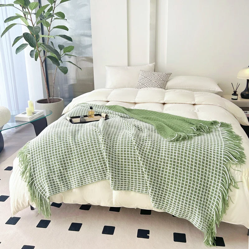 Minimalist Waffle Knit Blanket With Tassel Multifunctional Sofa Cover Airplane Nap Blanket Bed End Throw Home Decor