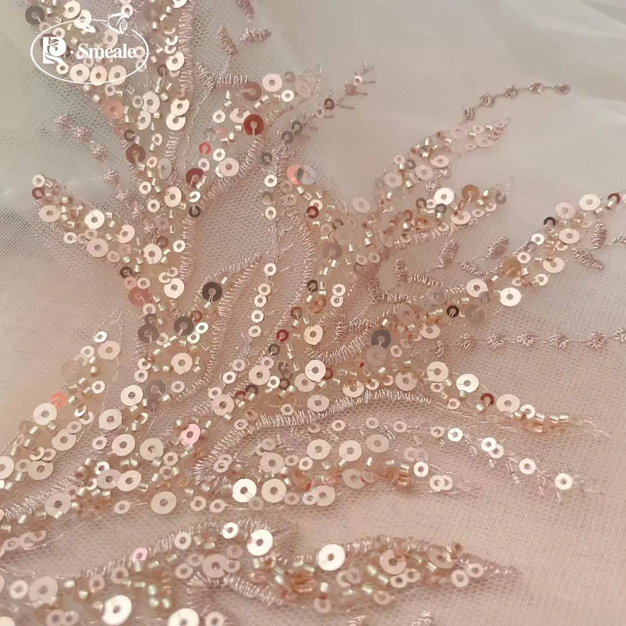 5 Paar-2 Paar. Roségold Pailletten-Röhrchenperlen-Stickerei-Spitzenapplikation, wunderschönes Korallenmuster DIY-Spitzenaufnäher, verspiegelte Blumen, RS252202 – Detail 3