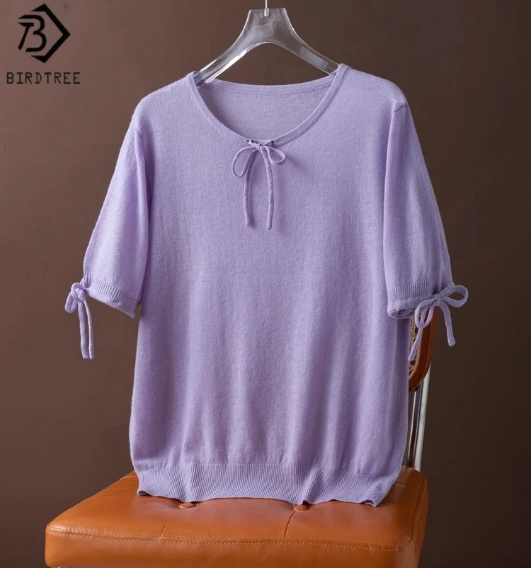 

Birdtree 100% Merino Wool Solid Basics Sweater,Woman O-neck Short Sleeve Spring Autumn Bow Loose Straight Knit Shirt TopT58602JF