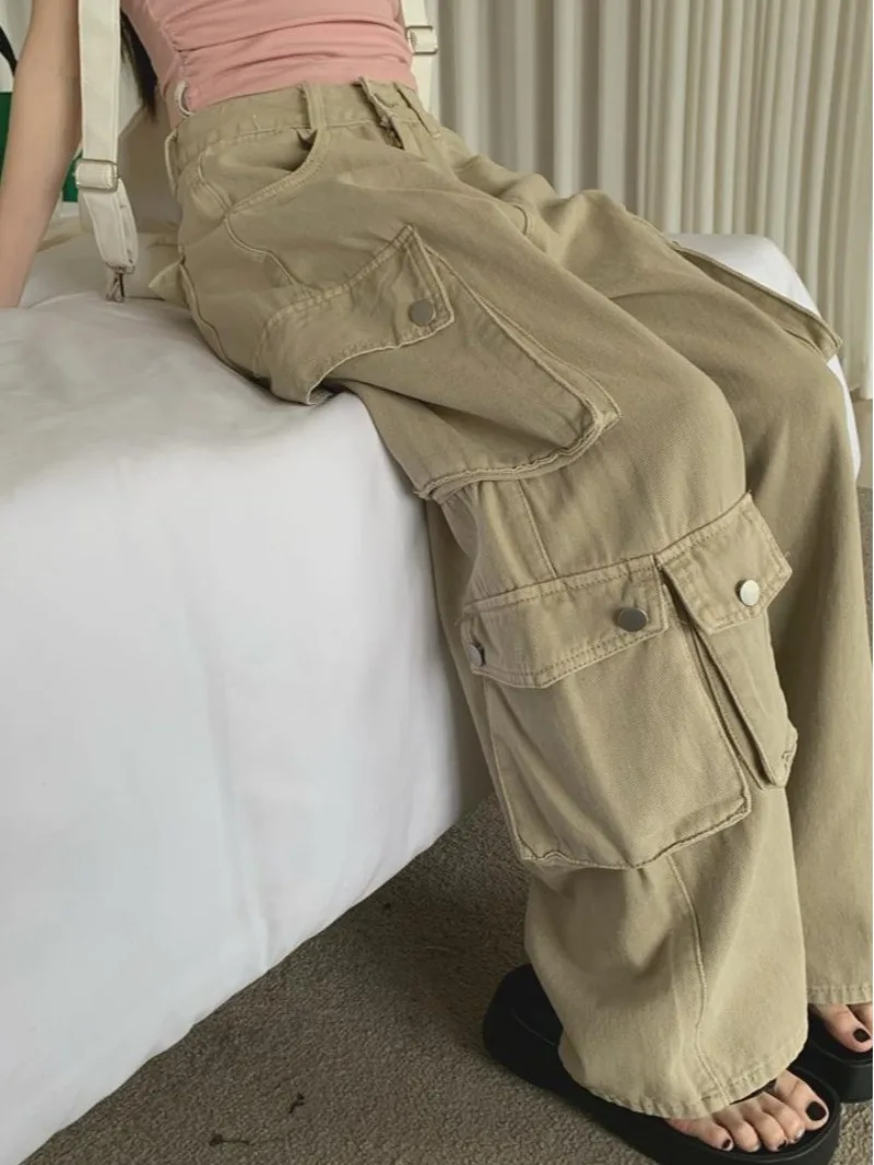 Female Summer Vintage Trend Clamshell Multiple Pockets Baggy Jeans Cargo Pants High Waist Look Thin Wide Leg Temperament Drape