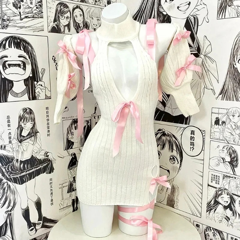

Sweet Anime Girl Cosplay Costume Sexy Crochet Turtleneck Hollow Sweater With Pink Bowknot Outfit Role Play Lingerie Xmas Gift