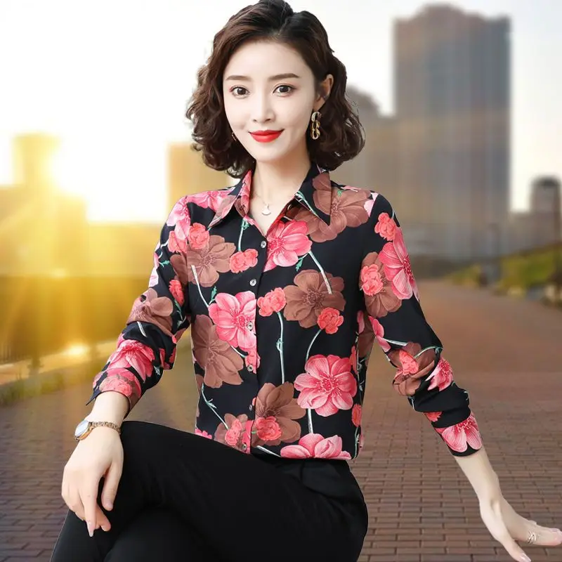 Vintage Printed Button Loose Floral Shirts Women\'s Clothing 2023 Autumn Winter Oversized All-match Tops Office Lady Blouses