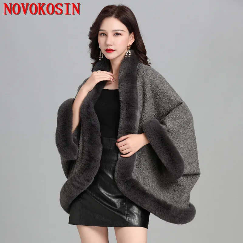 6 Colors 2024 Winter Warm Thick Batwing Sleeves Loose Cloak Granular Velvet Poncho Women Faux Fur Collar Out Wear Overcoat