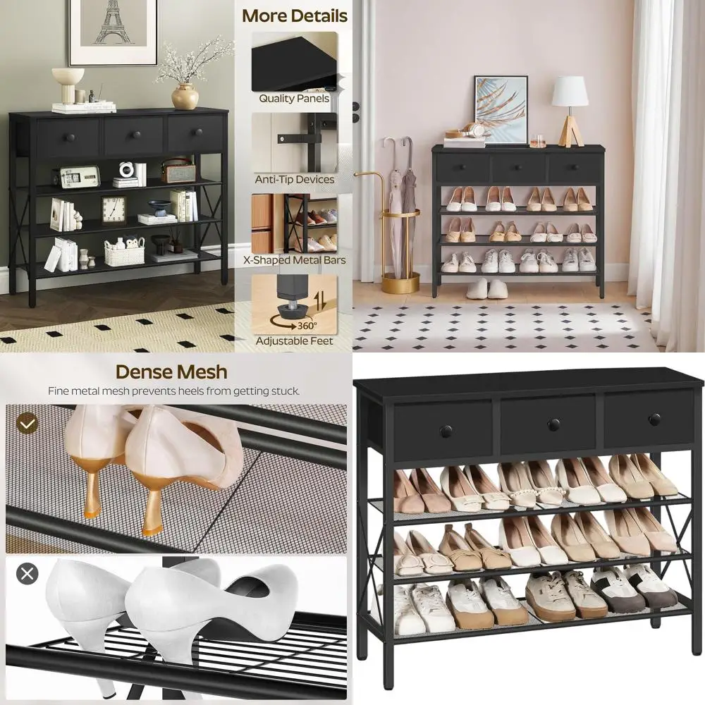 

4-ярусная металлическая полка для обуви с деревянной столешницей, вмещает 15 пар, стеллаж для хранения в прихожей, коридоре, гардеробной, черная