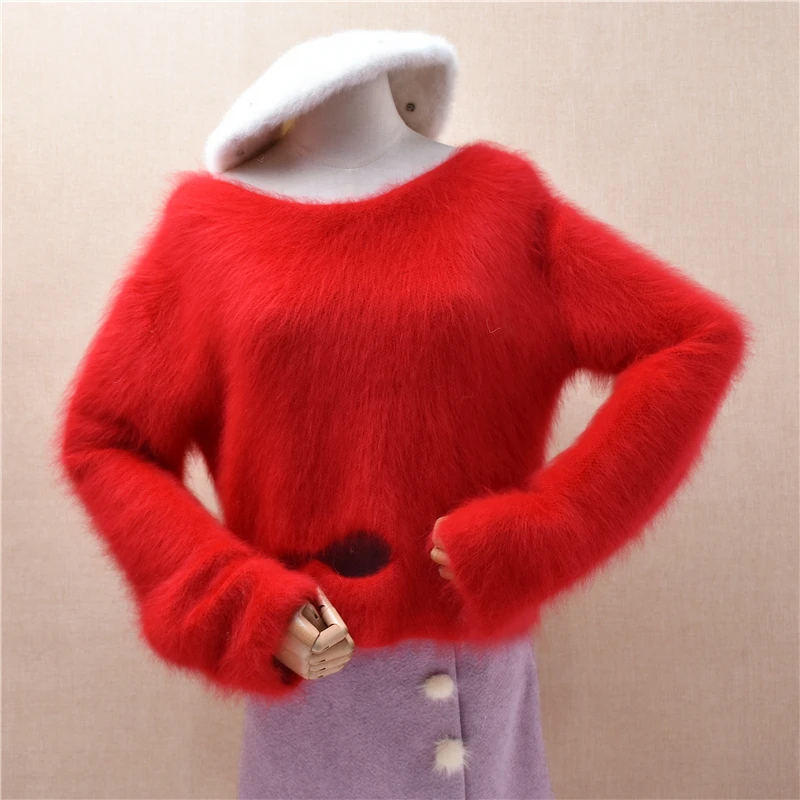 

Ladies Women Autumn Winter Clothing Fashion Red Hairy Mink Cashmere Knitted Slash Neck Crop Top Loose Pullover Sweater Jumper