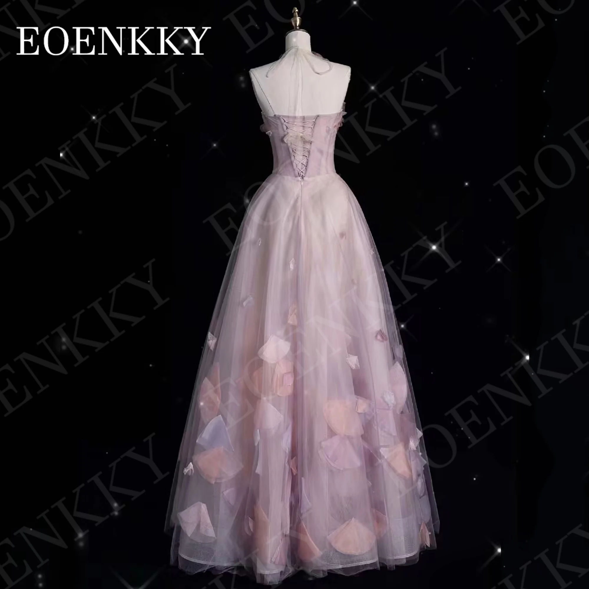 EOENKKY Luxury Strapless Prom Dress 2024 Elegant 3D Flowers A Line Tulle Graduation Dresses Floor Length Birthday Backless Women