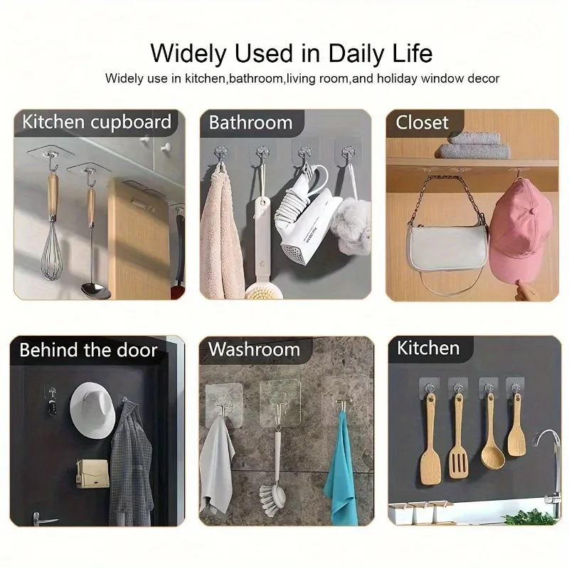 Transparent Scratch-Free Self Adhesive Hooks, Wall Mounted Heavy Duty Hooks for Bathroom Clothes, Living Room Door & Photo Frame view 6