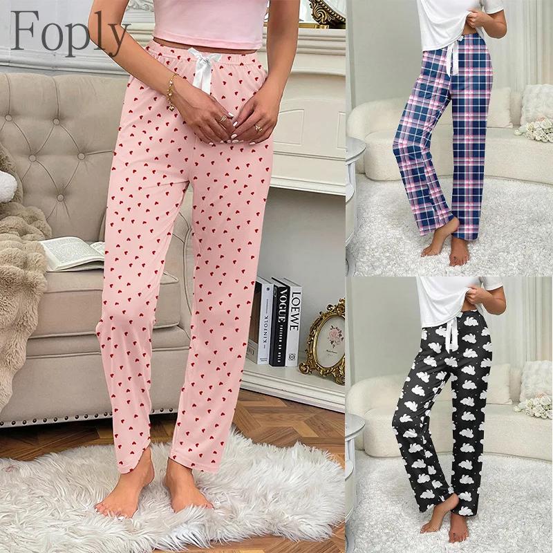 

Women's Summer Thin Style Casual Sleep Bottoms Heart-shaped Rabbit Elastic Waist Home Pants Soft Luxury Women Pajamas Trousers