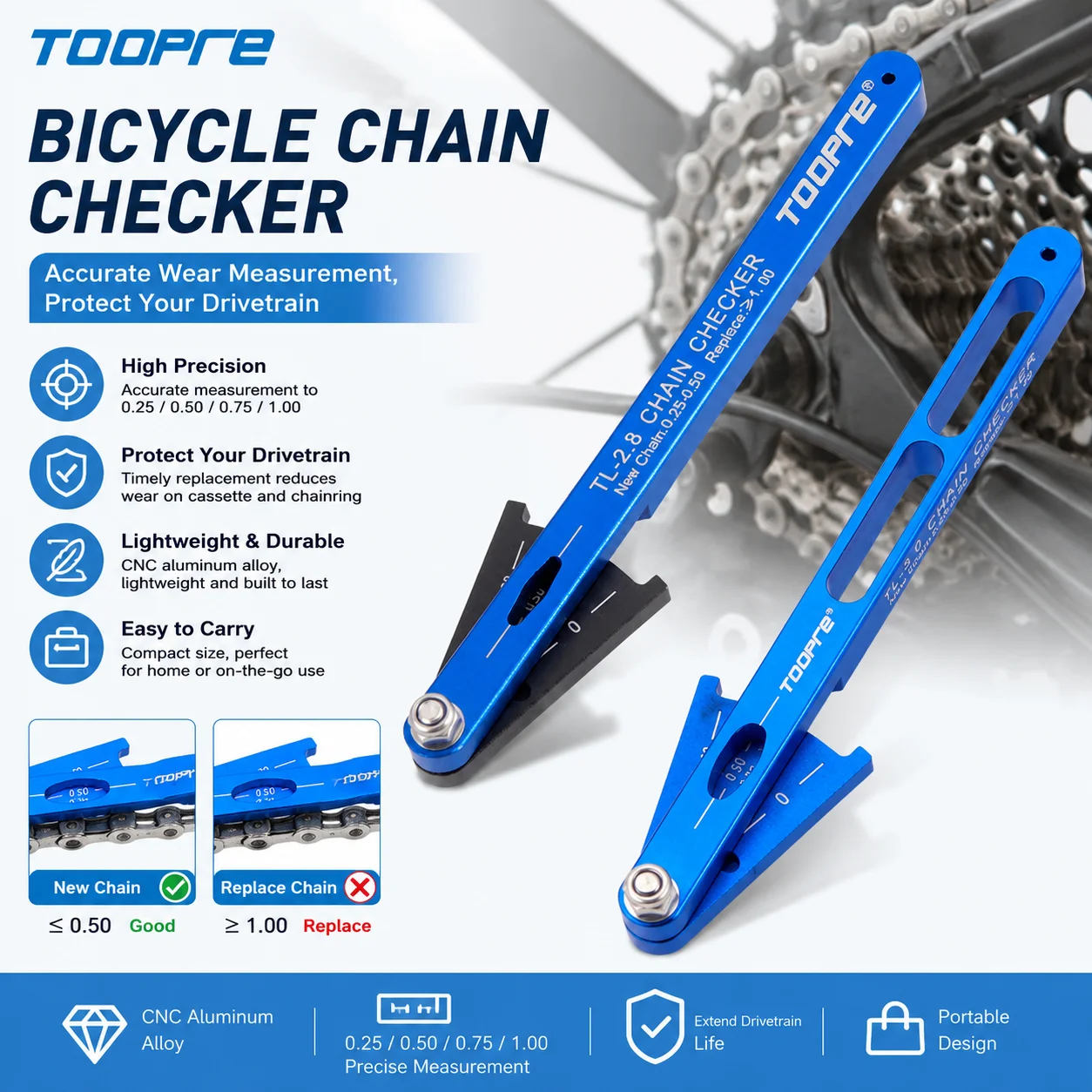 

TOOPRE Bike Chain Gauge Wear Detection Ruler - Mountain & Road Bicycle Chain Stretch Measurement Tool