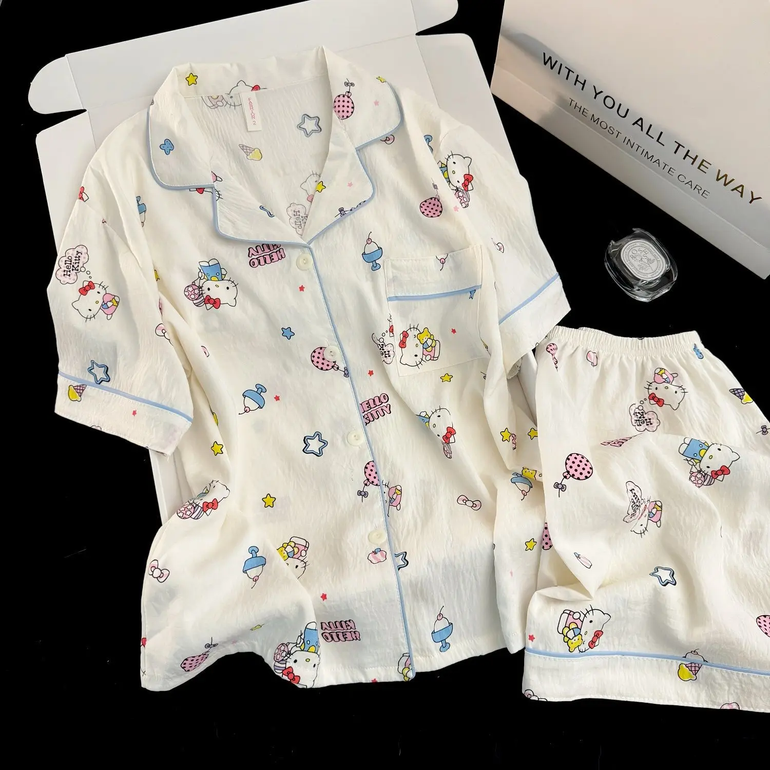 

Sanrio Hello Kitty Cotton Pajamas 2 Piece Set Summer Sleepwear Shorts Short Sleeve Nightwear Kawaii Cartoon Pyjamas Home Clothes