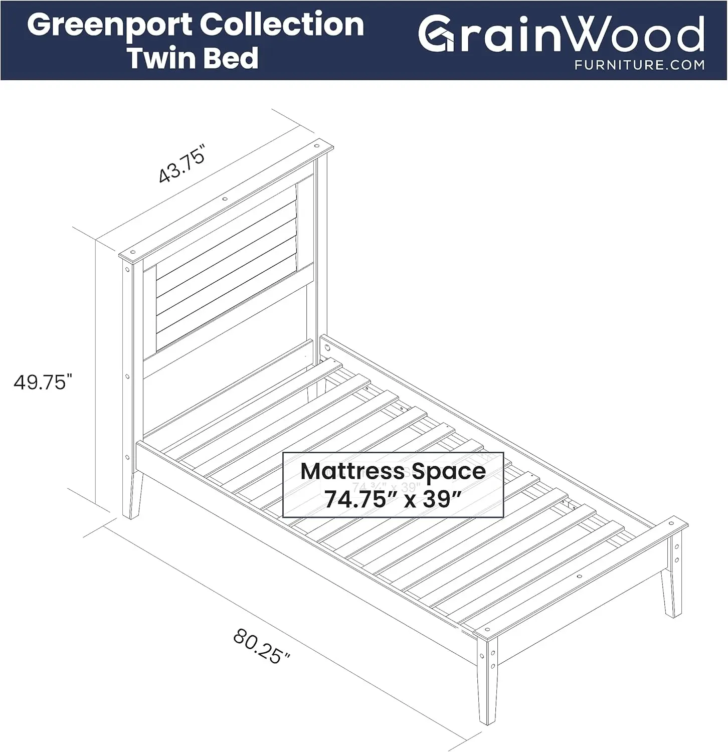 Greenport Solid Wood Platform Bed, Twin Size, Brushed White