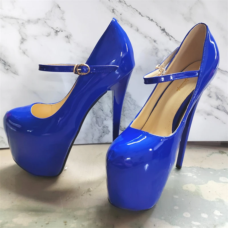 

Сексуальные женские туфли на экстремально высокой платформе 19 см, черные, синие, на каблуке, с круглым носком, для вечеринок, танцев, ночных клубов, свадебные туфли для женщин