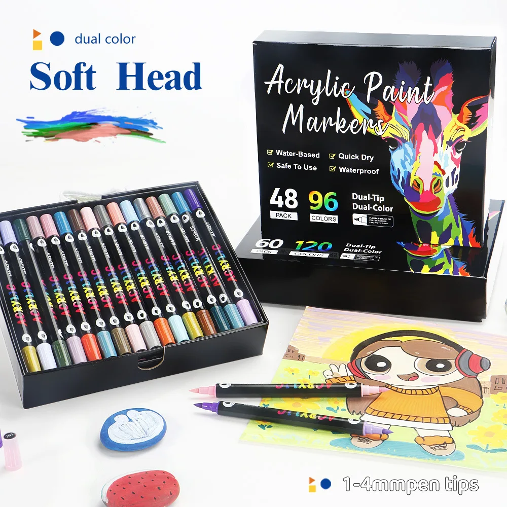 

24-168 Colors Acylic Pigment Painted Markers Double Heads Brush Dual Tips Pen Waterproof Drawing DIY Arts Kit Drawing Accessorie