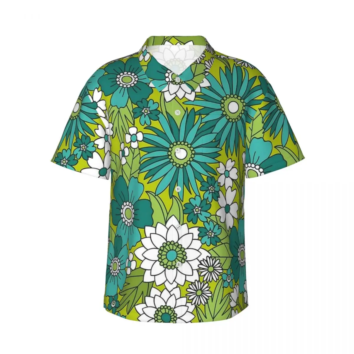 Groovy Flower Power Green Hawaiian Shirt Man Beach Casual Shirts Short Sleeves Korean Fashion Graphic Vintage Oversized Blouses