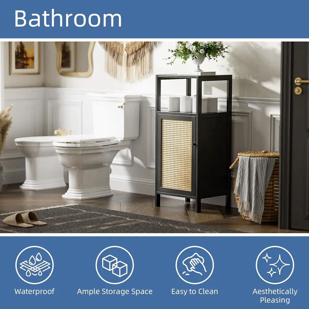 Компактный бамбуковый шкаф для хранения небольших ванных комнат с дверцей из ротанга, гладкий черный отдельно стоящий кухонный шкаф