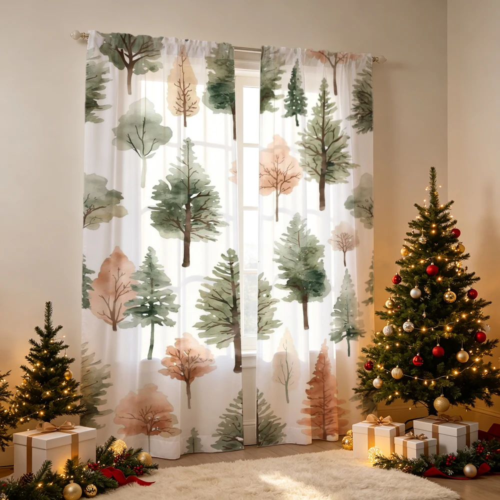 2PCS Watercolor mixed trees Print Curtains, Bedroom Window Drapes, Rod Pocket Polyester, Home Decor Holiday Decoration