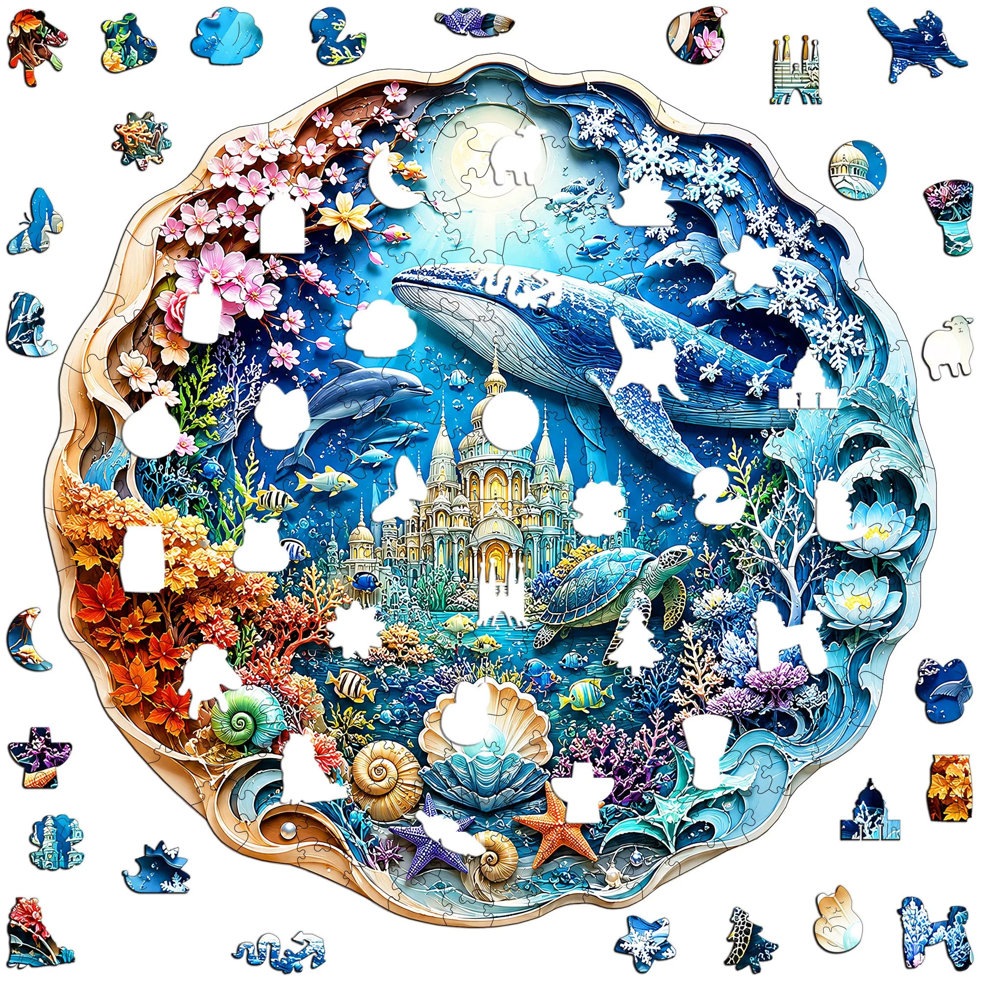 Whale Ocean World colorful Nature Wooden Animal Jigsaw Puzzle Table Game Toy Brain Teaser Holiday Season Gift for Teens and Kids