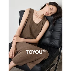 TOYOUTH Women Sleeveless Dress 2024 Autumn New U Neck Straight Solid Color Wool Casual Long Dress