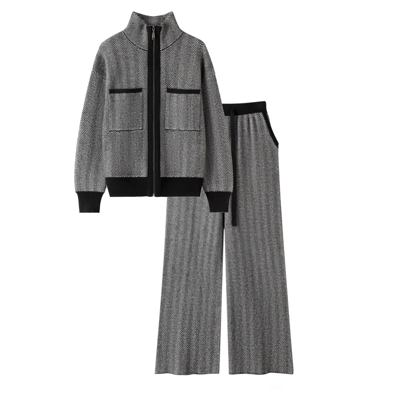 

Женский кардиган на молнии из 100% мериносовой шерсти, осенне-зимний толстый теплый свитер с воротником, широкие шерстяные брюки, мягкий кашемировый комплект