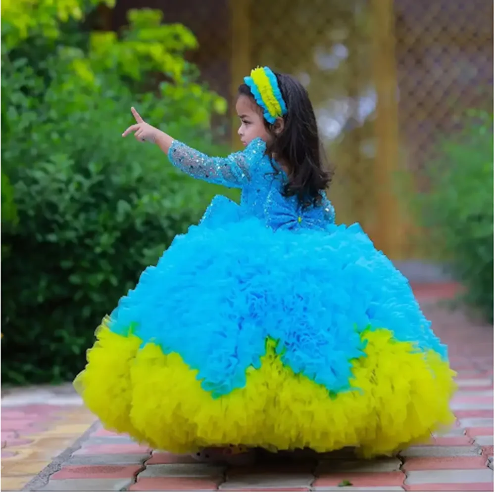 

Customized Layered Flower Girl Dresses For Wedding Sequins Full Sleeves With Bow Kids Birthday Party First Communion Ball Gown