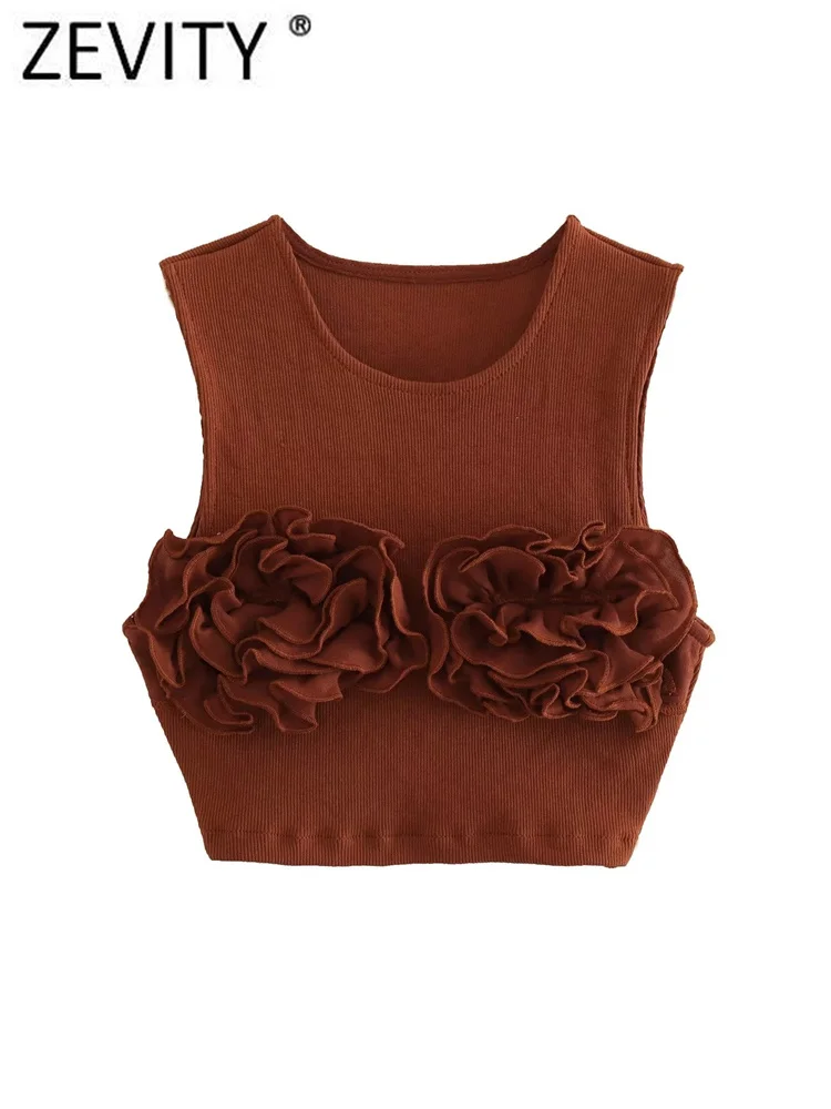 Zevity Women Sexy Sleeveless Solid Color Flower Appliques Smock Blouse Femme Summer Vest Slim Shirt Chic Blusas Crop Tops LS4280