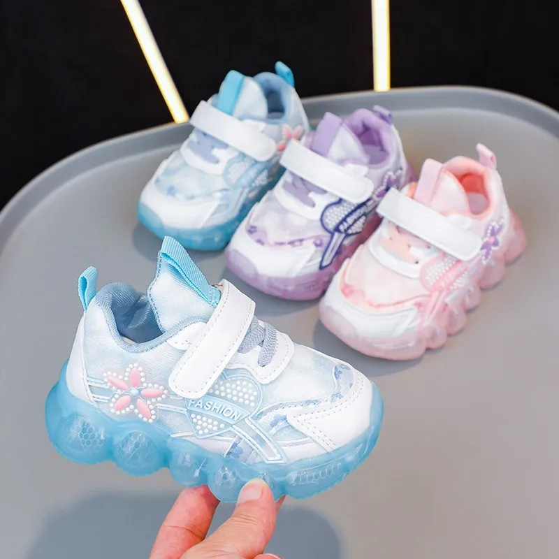 Disney-Children's Princess Elsa Sneakers, rosa, desenhos animados, iluminação LED, calçados esportivos, bebês, crianças, moda, outono