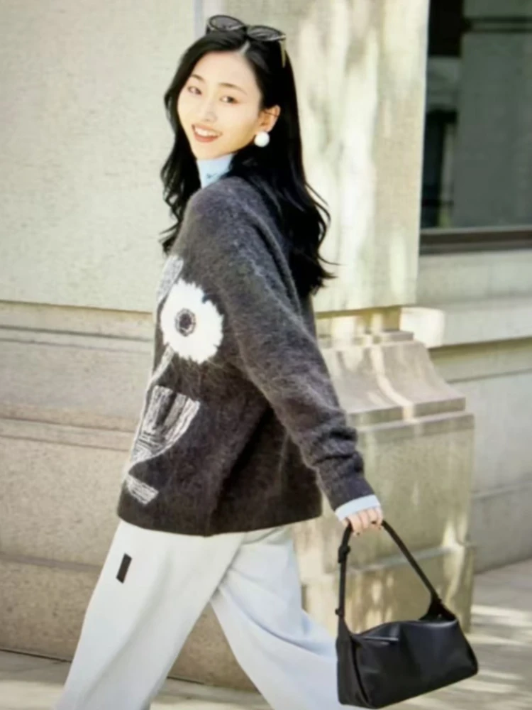 プリントセーターニットカーディガン女性グラフィティ V ネック長袖ニットストリートレディセーター新しい秋特大カーディガン