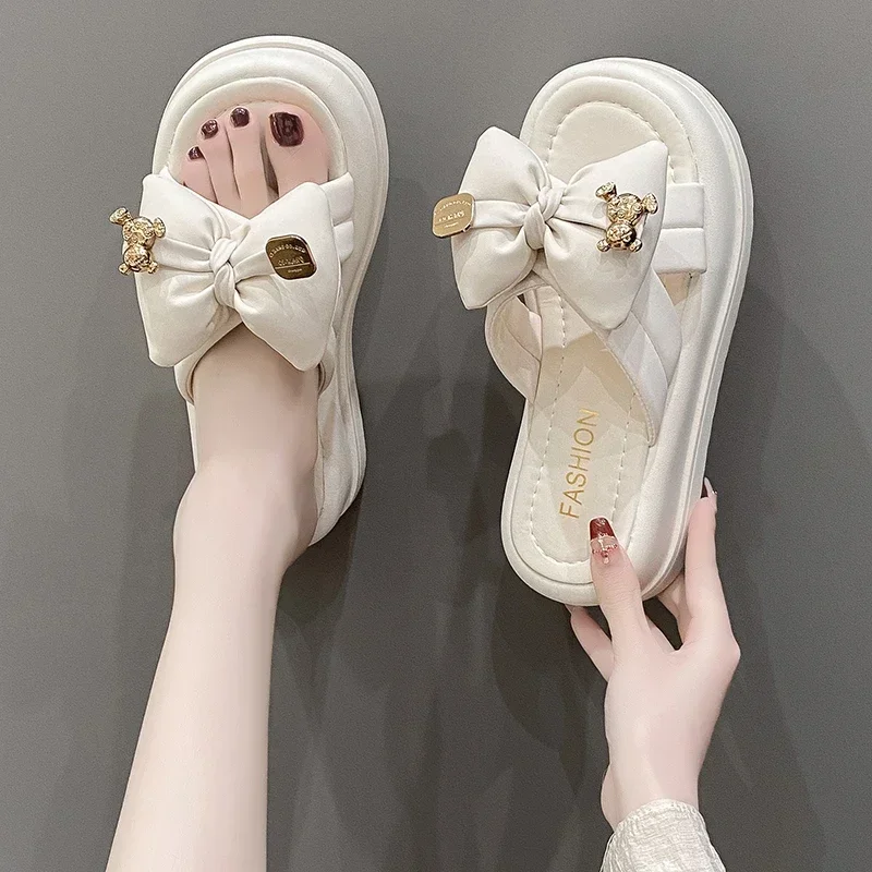

Women's Slippers Summer New Thick Bottom Round Head Open Toe Bow Sandals Casual Fashion Comfortable Soft Sole Slippers