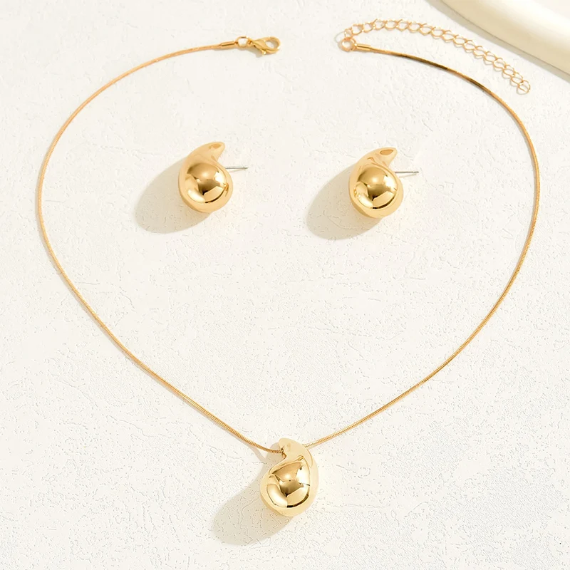 Water Drop Shape Jewelry Set 2 Pcs Necklace Stud Earrings Gold Silver Color Zinc Alloy Simple Style For Woman image 2