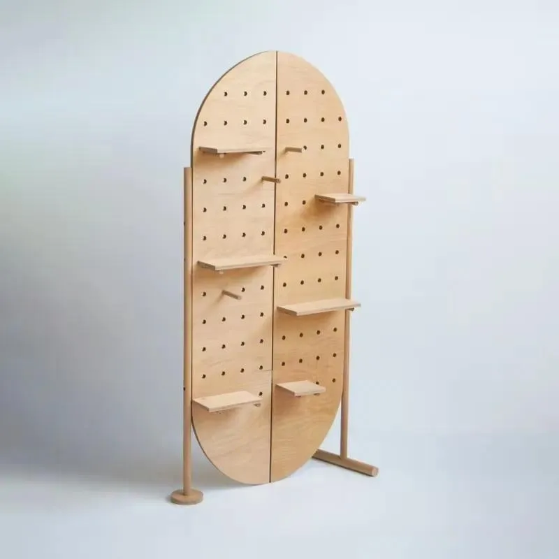 Solid Wood Floor Nail Board Rack Oval Back Plate Vertical Display Stand for Retail Store Merchandise Organization and Product