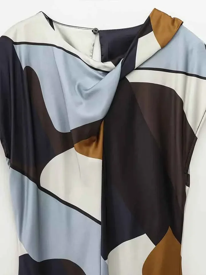 ヨーロッパ風の新しいレディースファッション、万能で上品なサテン生地プリントの半袖ミディ丈ワンピース