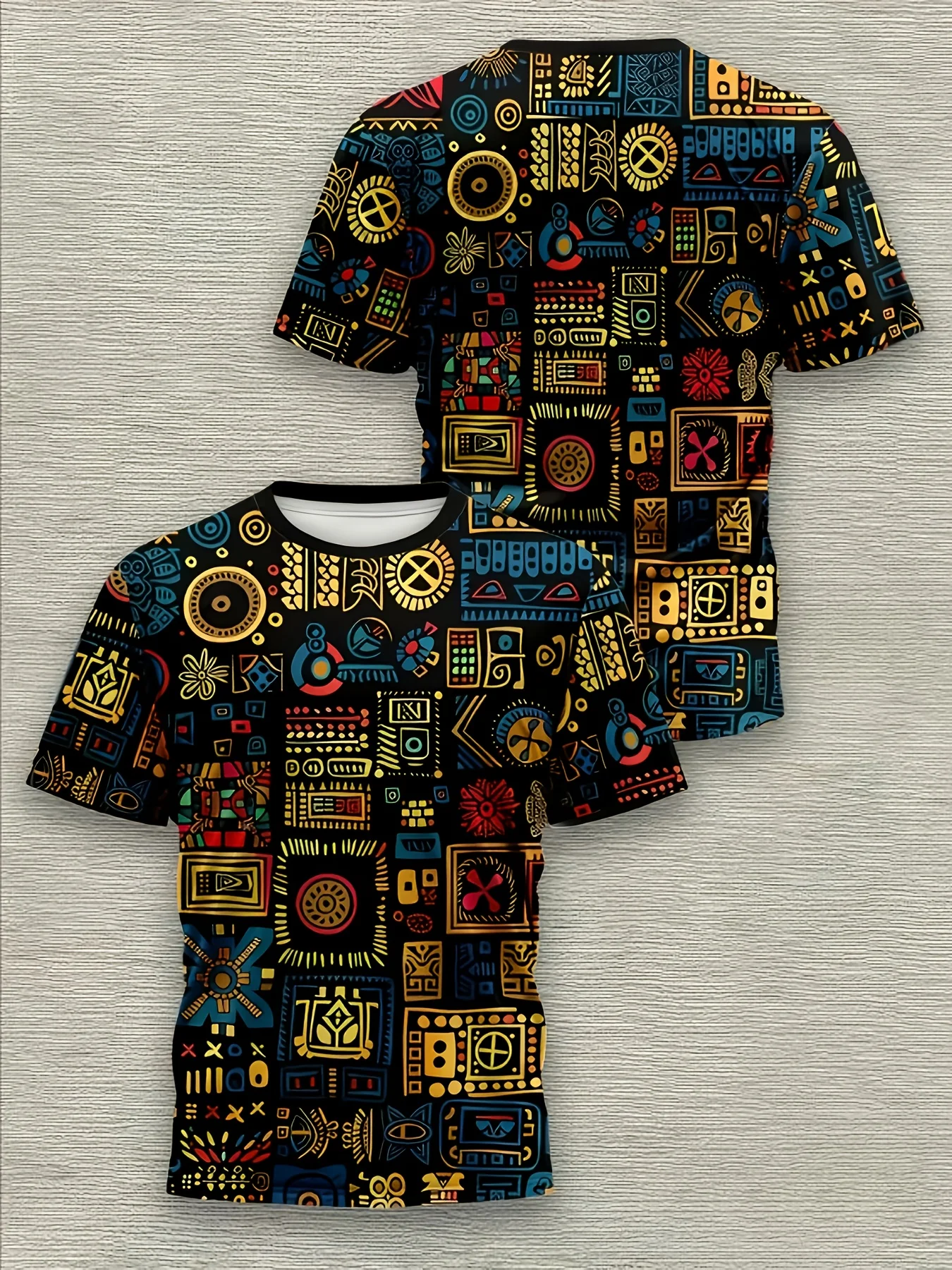 Herren T-Shirt mit afrikanischem Tribal-Geometrie-Totem-Vollprint, Ethno-Vintage-Muster, Rundhals – Detail 4
