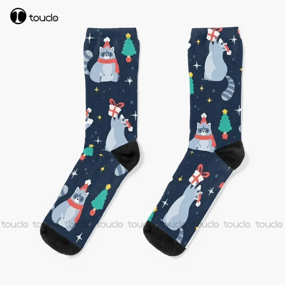 Raccoon Santa Will Make Your Holiday Unforgettable Socks Christmas Long Black Socks Street Skateboard Socks Custom Gift Colorful