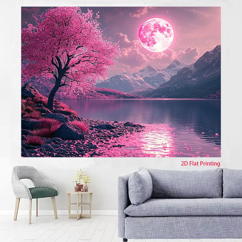 Dreamy Sakura Cherry Blossom Landscape Tapestry Pink Full Moon Art Wall Decor Hanging Print Aesthetic Floral Mountain Lake Backg