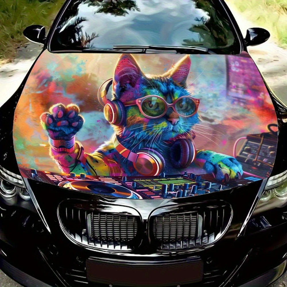 

DJing cat Car hood packaging sticker, PVC material, self-adhesive waterproof, anti-slip paint, car exterior decoration accessori