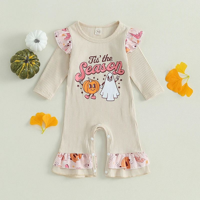 

2023-06-16 Lioraitiin 0-24M Infant Baby Girls Halloween Romper Crew Neck Long Sleeve Ruffle Pumpkin Ghost Print Jumpsuit