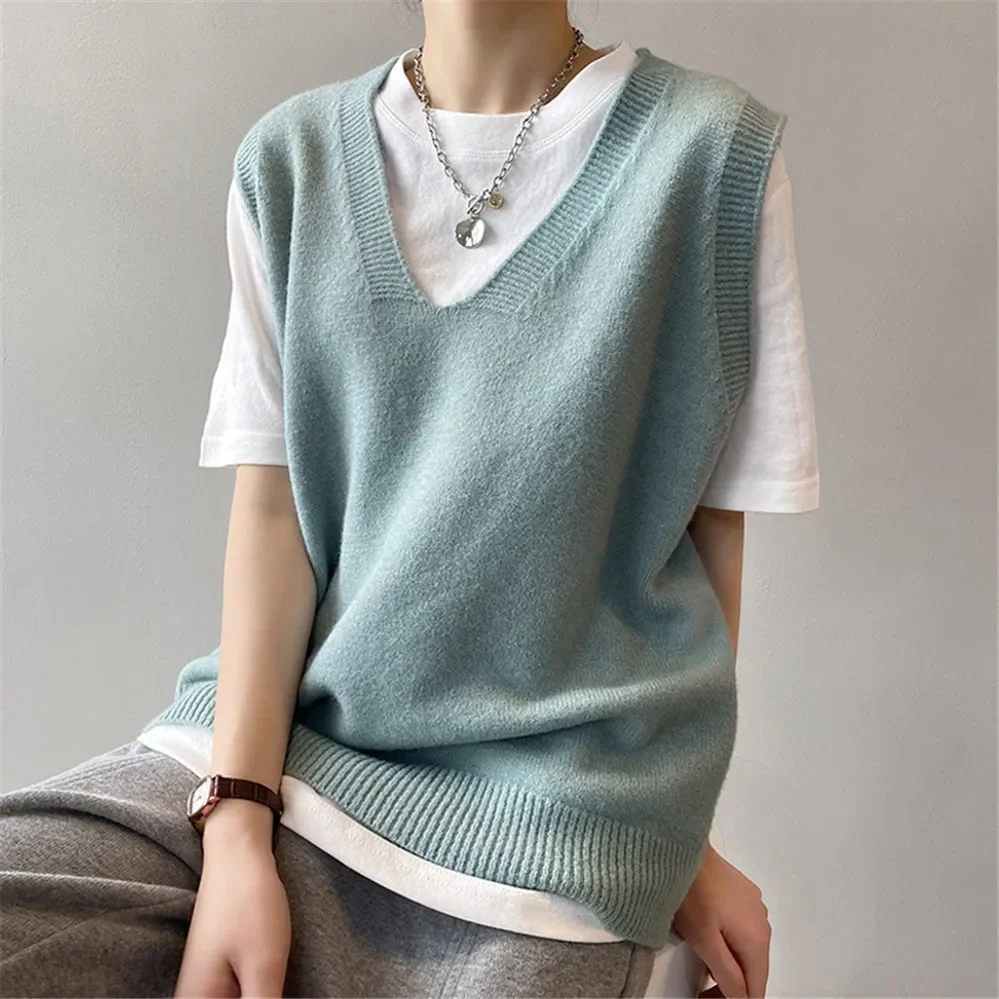 Korean Oversized Cashmere Women Vest Sweater Fashion Knitted Sweater Female Waistcoat Chic Sweater Tops Women Clothes Outfits