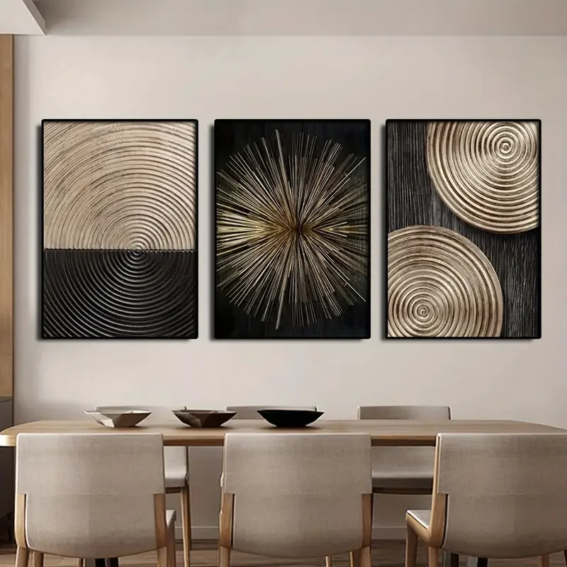 3pcs frameless Canvas Painting 3pcs Nordic-Inspired Black Wood Grain Wall Art Set - Modern Abstract Canvas Prints for Bedroom, L