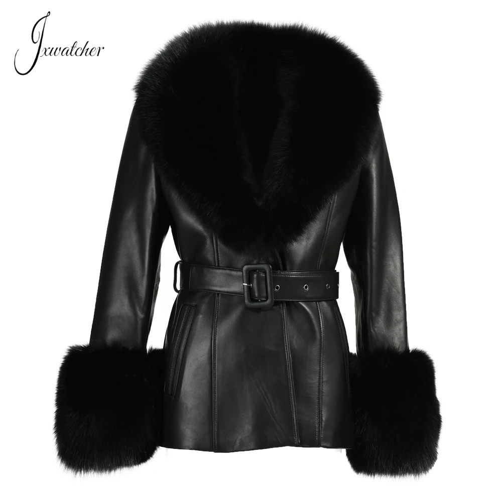 Jxwatcher Echt Leder Jacke Frauen Echtem Schaffell Mantel Mit Echten Fuchs Pelz Kragen Manschetten Damen Gürtel Schlank Frühling Herbst Mäntel