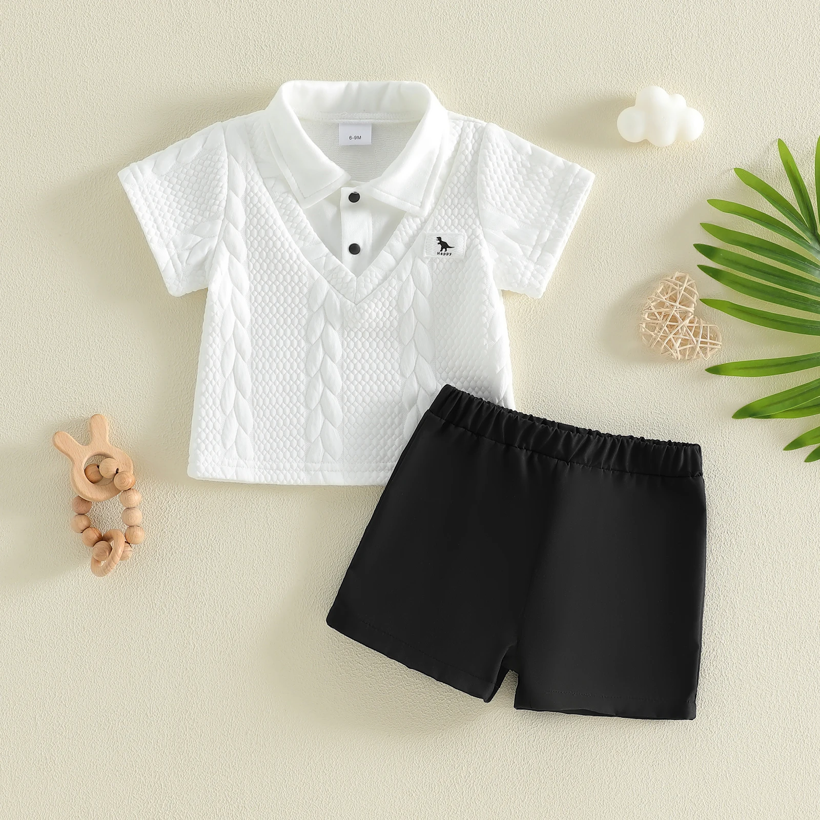 Toddler Boys Summer Outfits Fake Two-Pieces Textured Turn Down Collar Short Sleeve Tops Elastic Waist Shorts 2Pcs Clothes Set