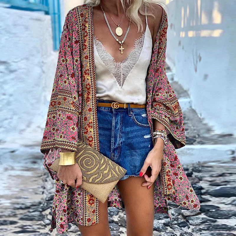 Fashion Women\'s Summer Thin Loose Bohemian Long Sleeve Printed Mid-Length Cardigan Loose Floral Open Cardigan