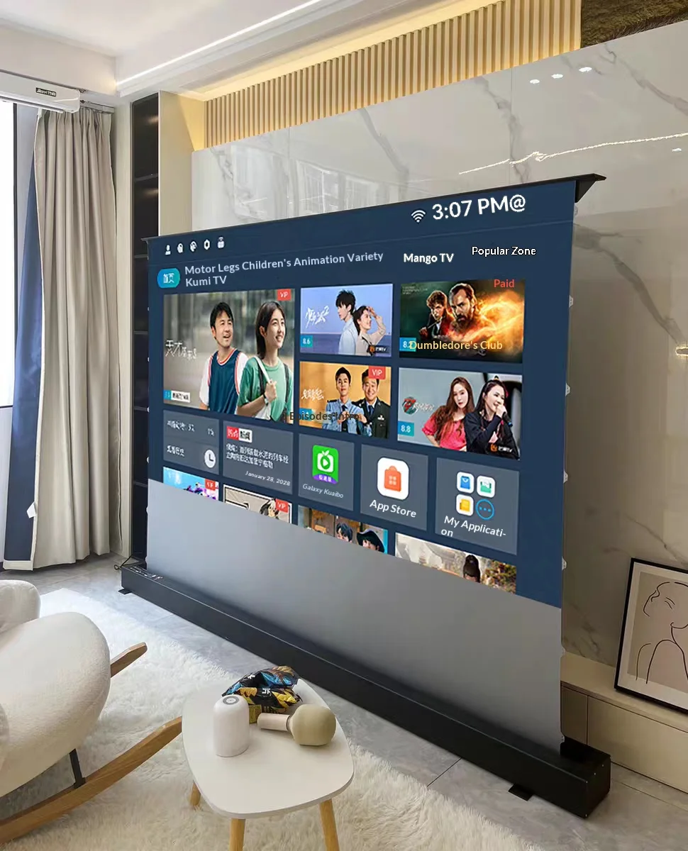 High-Definition 110-Inch 16:9 Motorized Floor Rise Electric Projector Screen With PVC Fabric Portable Design Floor Standing