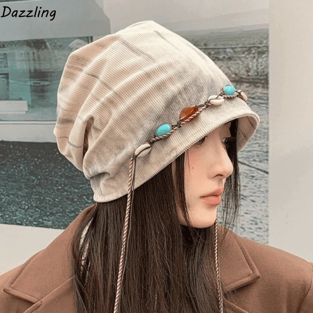 

Fashion Beaded Decor Y2k Baggy Cap Korean Style Versatile Beanies Cap Big Head Circumference Warm Pullover Hats Spicy Girls