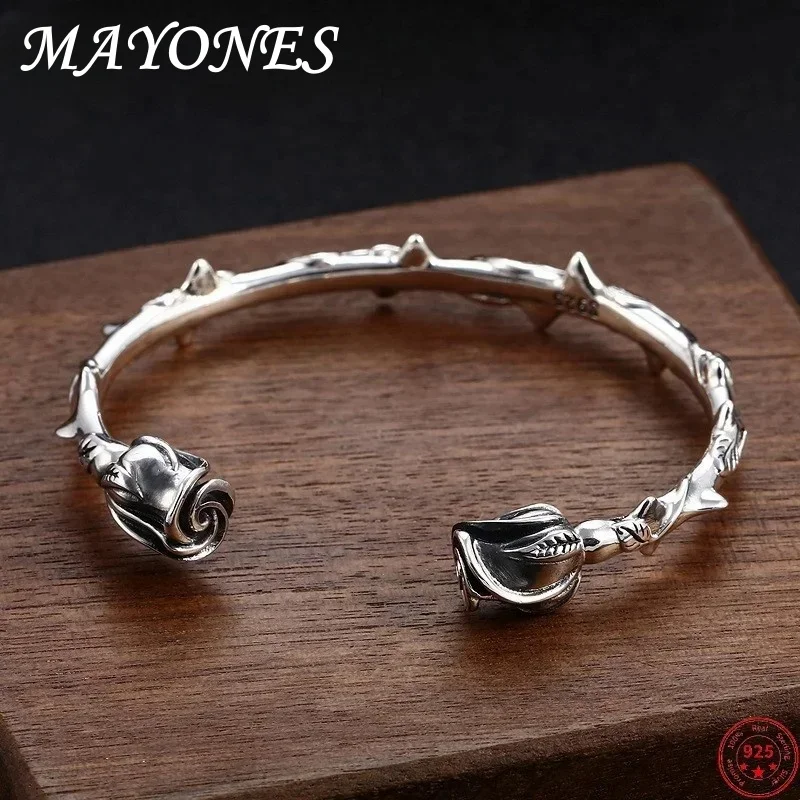 

s925 sterling silver bracelets 2022 New Fashion Relief rose bangle smple solid pure Argentum hand jewelry for men women