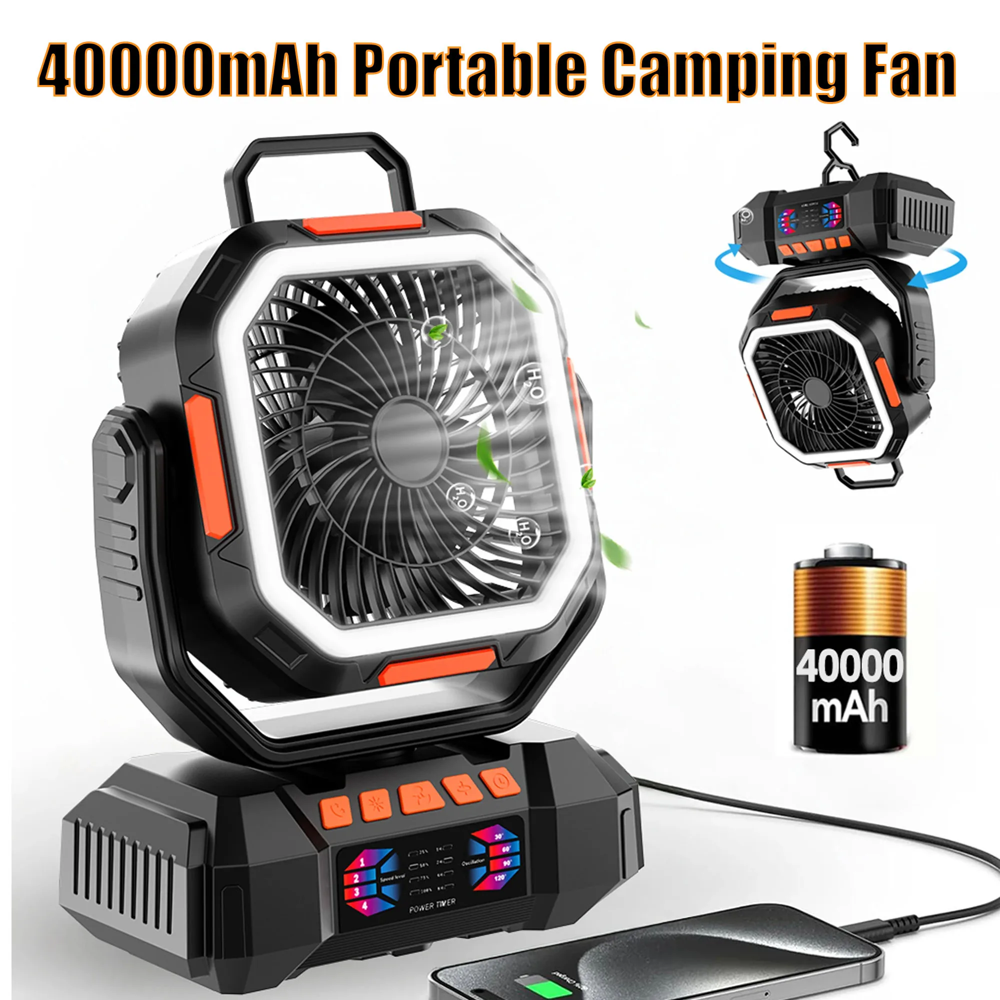 

40000mAh Portable Camping Fan with 5 LED Lights 4 Speeds Suitable for Desktop Fan Travel Office Tent Power Outage Site